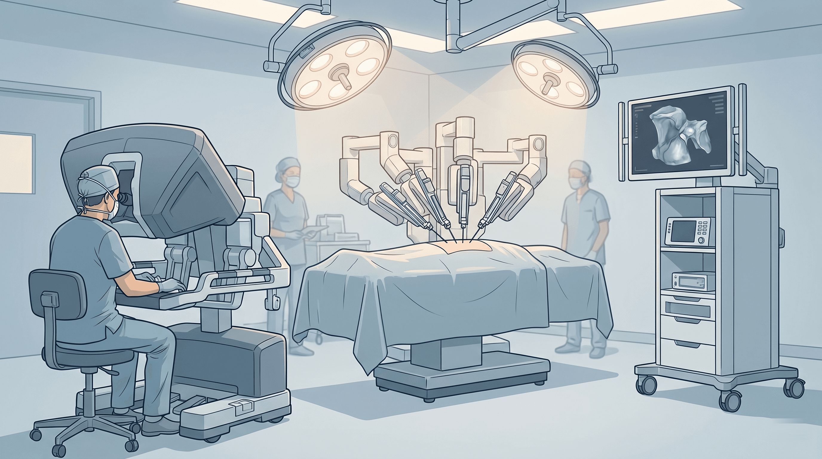 Sala de cirurgia robótica: console do cirurgião, carrinho do paciente com braços robóticos e torre de visão tridimensional