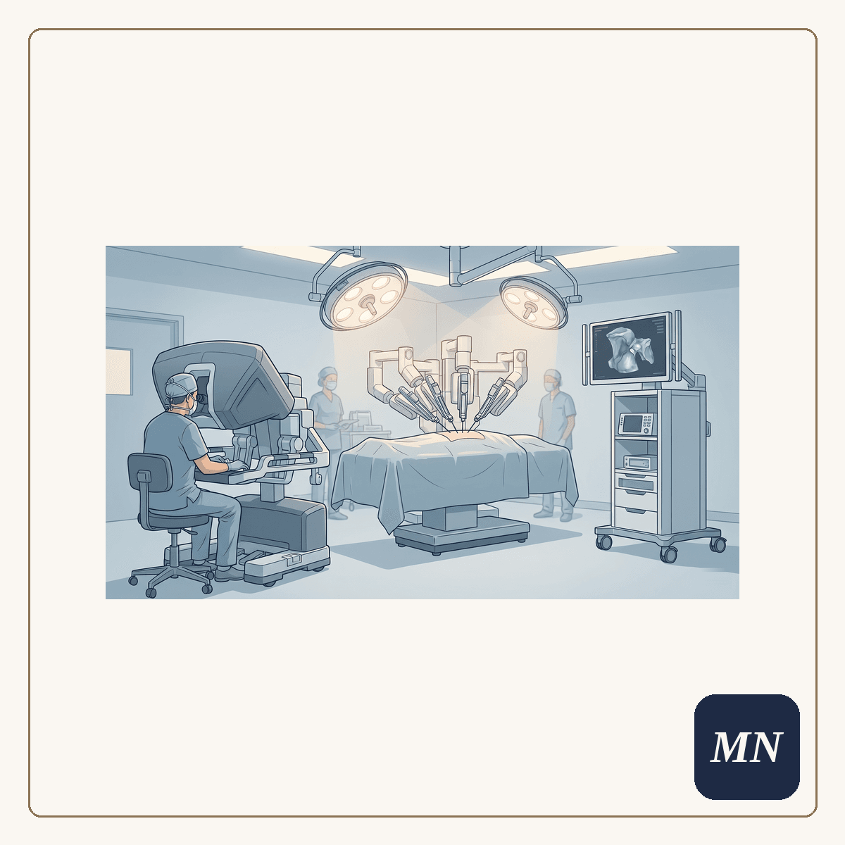 Sala de cirurgia robótica: console do cirurgião, carrinho do paciente com braços robóticos e torre de visão tridimensional