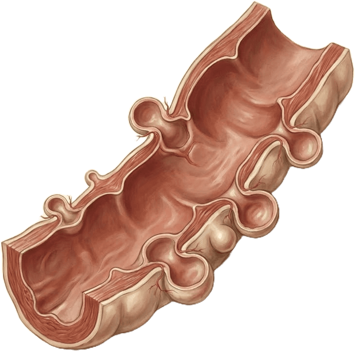 Ilustração anatômica — Doenças benignas do intestino (diverticulite e pólipos)