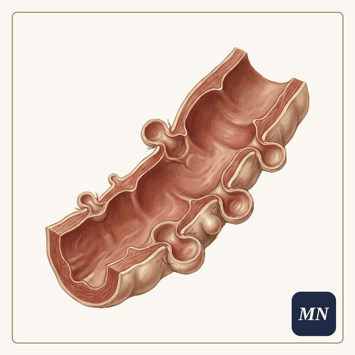 Ilustração anatômica — Doenças benignas do intestino (diverticulite e pólipos)