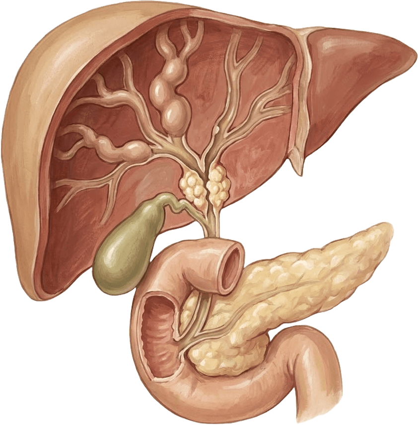 Ilustração anatômica — Câncer das vias biliares (colangiocarcinoma)