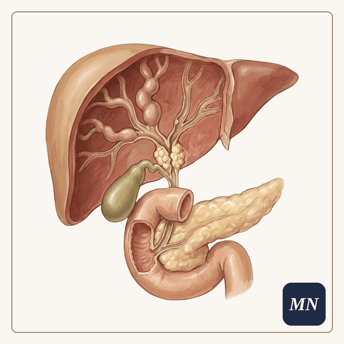 Ilustração anatômica — Câncer das vias biliares (colangiocarcinoma)