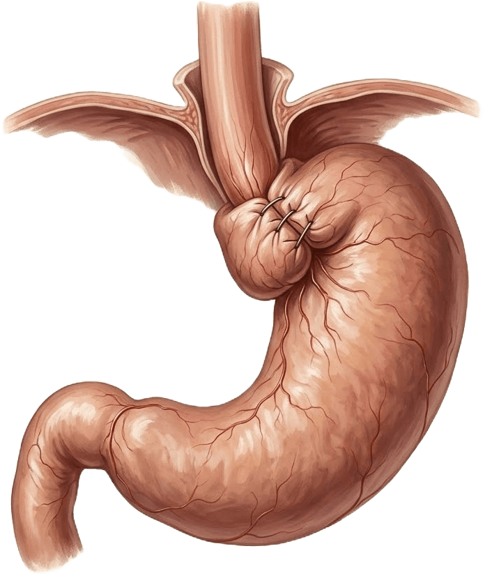 Ilustração anatômica — Refluxo gastroesofágico e fundoplicatura