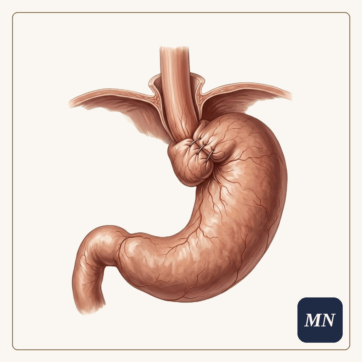 Ilustração anatômica — Refluxo gastroesofágico e fundoplicatura